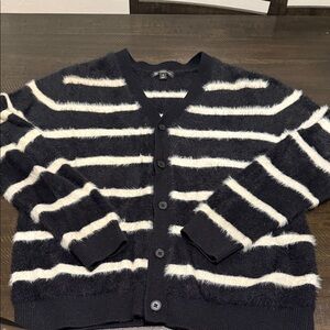 INC International Concepts Black and White Striped Fuzzy Button Cardigan